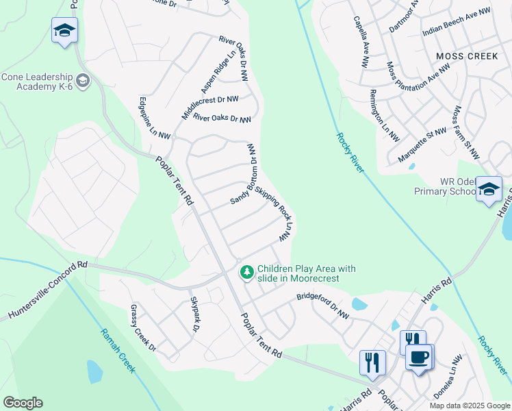 map of restaurants, bars, coffee shops, grocery stores, and more near 1277 Tranquility Point Avenue Northwest in Concord