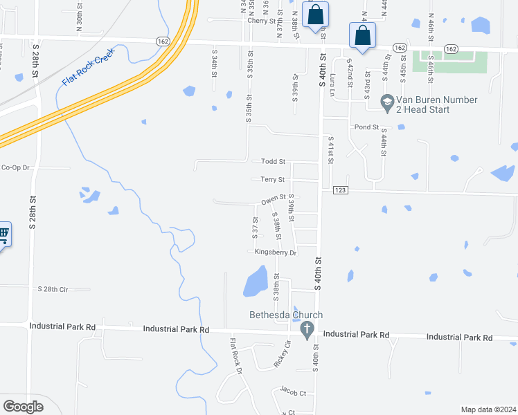 map of restaurants, bars, coffee shops, grocery stores, and more near 3708 Owen Street in Van Buren