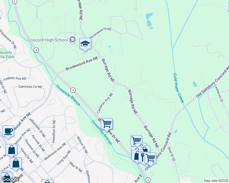 map of restaurants, bars, coffee shops, grocery stores, and more near 408 Cameron Avenue Northeast in Concord