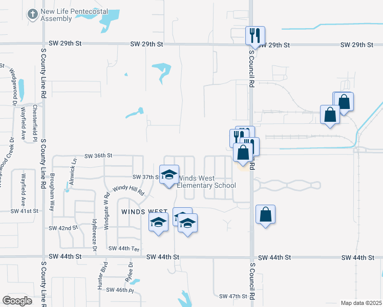 map of restaurants, bars, coffee shops, grocery stores, and more near 8205 Southwest 36th Street in Oklahoma City