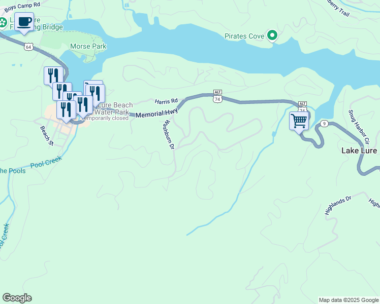 map of restaurants, bars, coffee shops, grocery stores, and more near 152 Mistletoe Park in Lake Lure