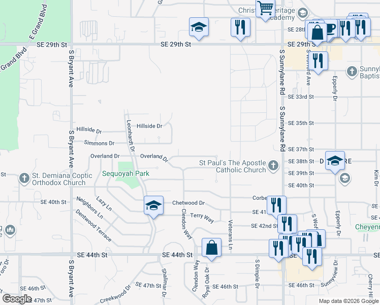 map of restaurants, bars, coffee shops, grocery stores, and more near 3717 Greenway Terrace in Del City