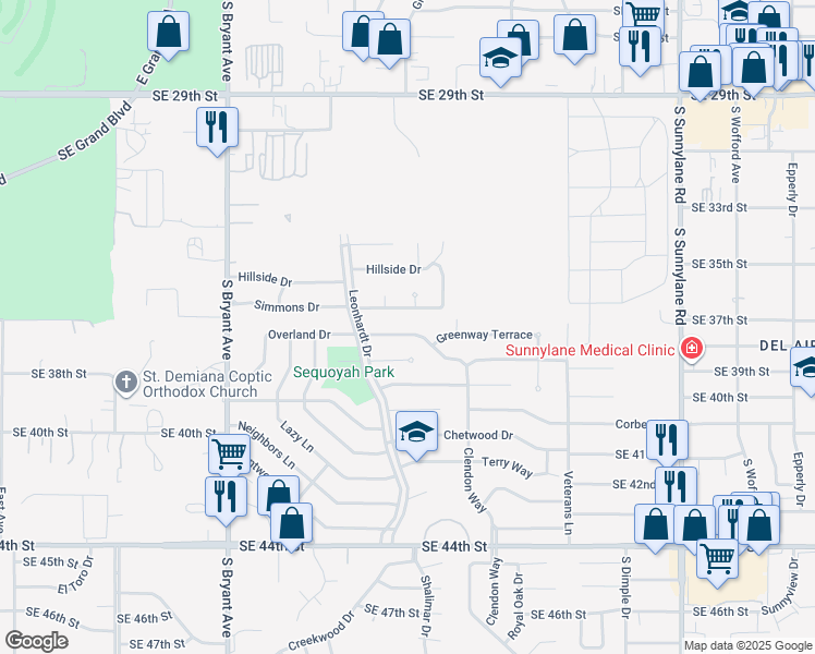 map of restaurants, bars, coffee shops, grocery stores, and more near 3413 Simmons Drive in Del City