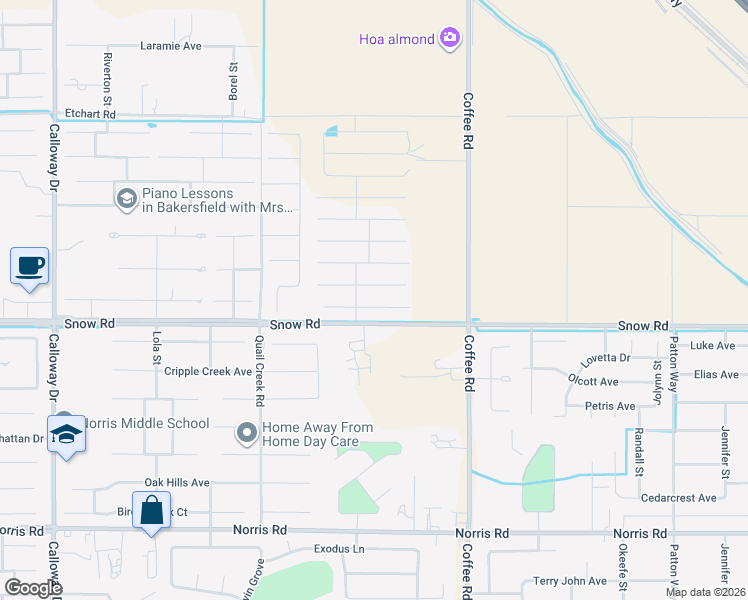 map of restaurants, bars, coffee shops, grocery stores, and more near 8449 Snow Road in Bakersfield