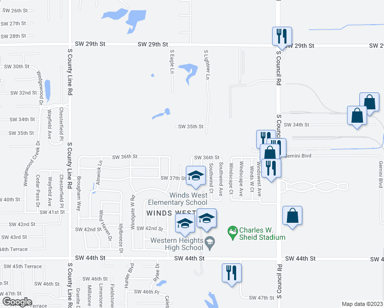 map of restaurants, bars, coffee shops, grocery stores, and more near 8321 Southwest 36th Street in Oklahoma City