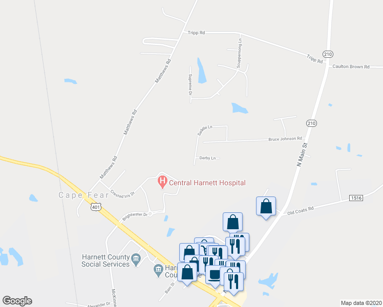 map of restaurants, bars, coffee shops, grocery stores, and more near 340 Saddle Lane in Lillington