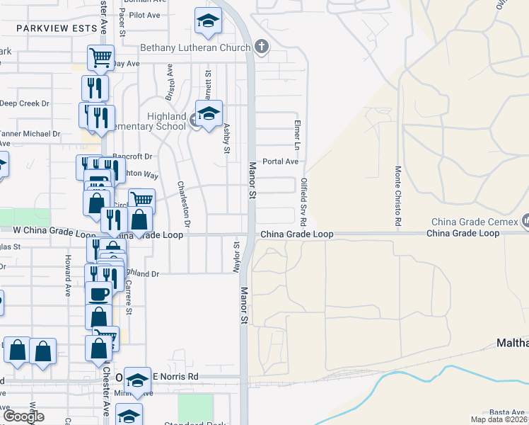 map of restaurants, bars, coffee shops, grocery stores, and more near 909 Dwina Avenue in Bakersfield