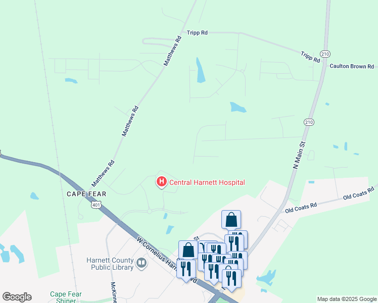 map of restaurants, bars, coffee shops, grocery stores, and more near 304 Saddle Lane in Lillington