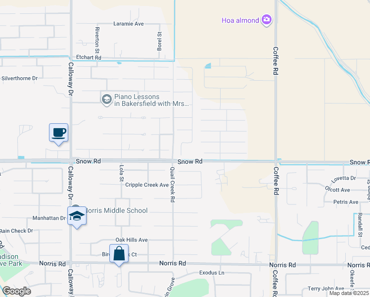map of restaurants, bars, coffee shops, grocery stores, and more near 7422 Allenmier Court in Bakersfield