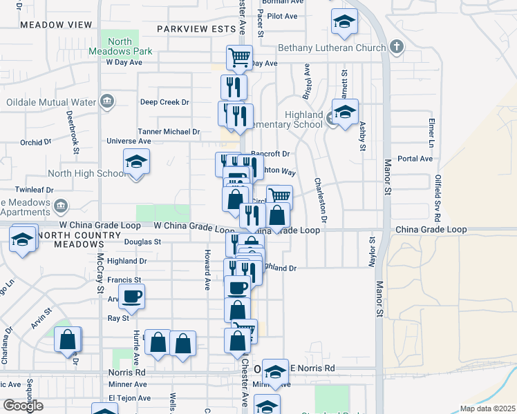 map of restaurants, bars, coffee shops, grocery stores, and more near 108 Circle Drive in Bakersfield