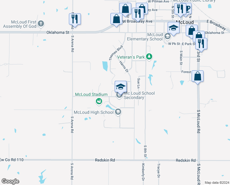 map of restaurants, bars, coffee shops, grocery stores, and more near 1101 West Seikel Boulevard in McLoud