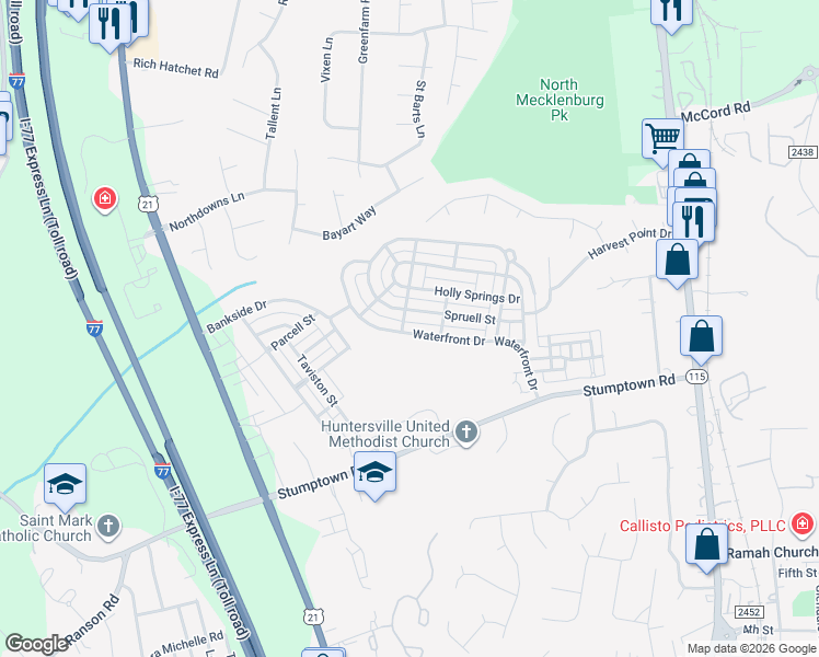 map of restaurants, bars, coffee shops, grocery stores, and more near 16526 Spruell Street in Huntersville