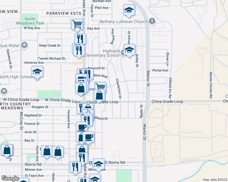 map of restaurants, bars, coffee shops, grocery stores, and more near 2320 Olympic Drive in Bakersfield