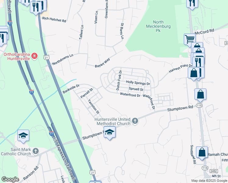 map of restaurants, bars, coffee shops, grocery stores, and more near 15612 Waterfront Drive in Huntersville