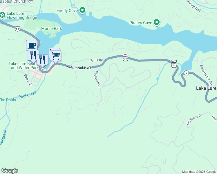map of restaurants, bars, coffee shops, grocery stores, and more near 760 Luther Burbank Drive in Lake Lure