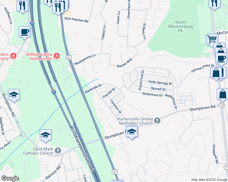 map of restaurants, bars, coffee shops, grocery stores, and more near 9716 Parcell Street in Huntersville