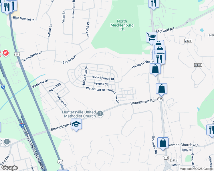 map of restaurants, bars, coffee shops, grocery stores, and more near 15919 Spruell Street in Huntersville