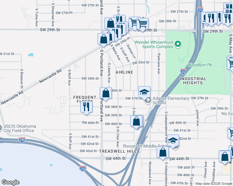 map of restaurants, bars, coffee shops, grocery stores, and more near 3529 Southwest 36th Street in Oklahoma City