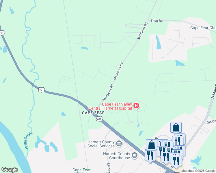 map of restaurants, bars, coffee shops, grocery stores, and more near 257 Matthews Road in Lillington