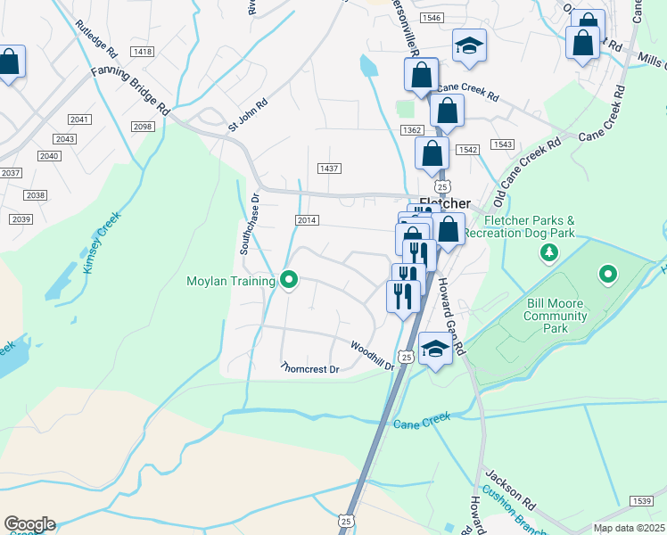 map of restaurants, bars, coffee shops, grocery stores, and more near 375 Glensprings Drive in Fletcher