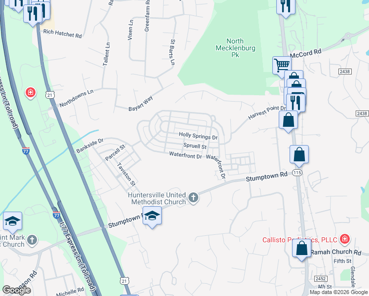 map of restaurants, bars, coffee shops, grocery stores, and more near 16635 Spruell Street in Huntersville