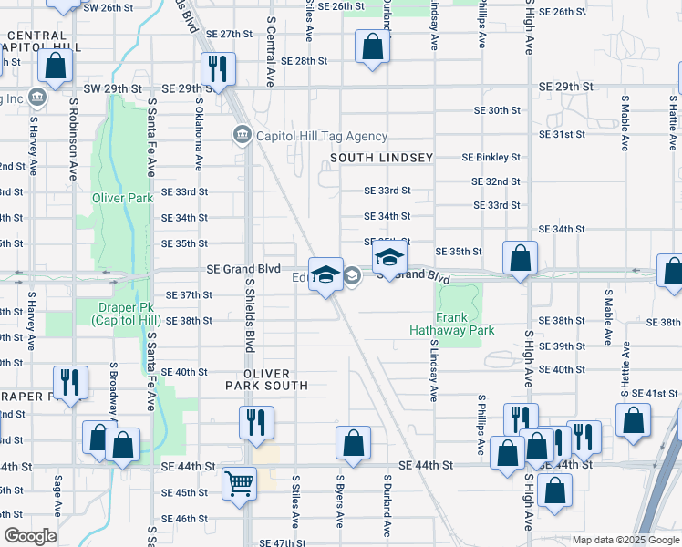 map of restaurants, bars, coffee shops, grocery stores, and more near 500 Southeast Grand Boulevard in Oklahoma City