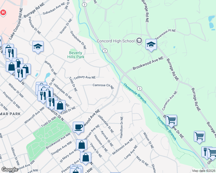 map of restaurants, bars, coffee shops, grocery stores, and more near 454 Camrose Circle Northeast in Concord
