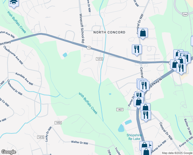 map of restaurants, bars, coffee shops, grocery stores, and more near 1021 Pine Circle Drive Northwest in Concord