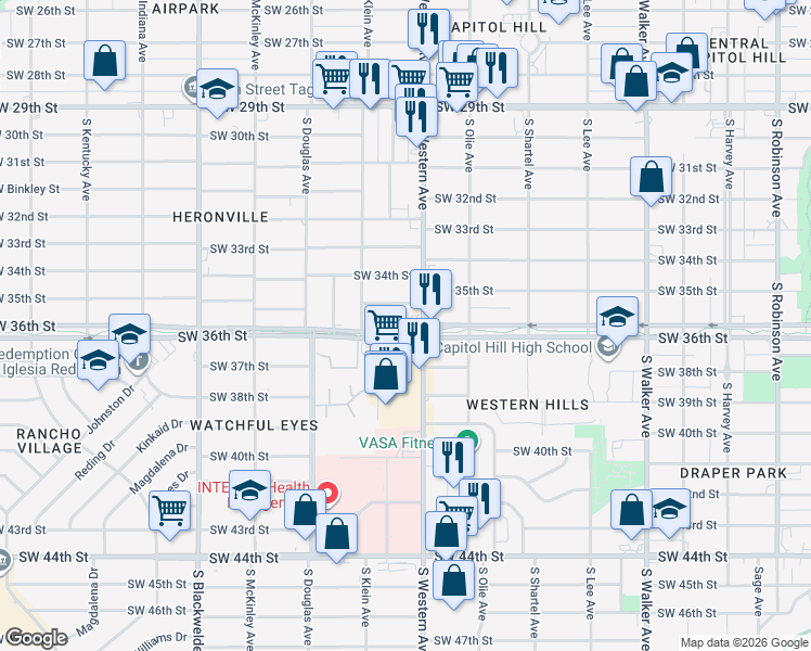 map of restaurants, bars, coffee shops, grocery stores, and more near 924 Southwest 35th Street in Oklahoma City