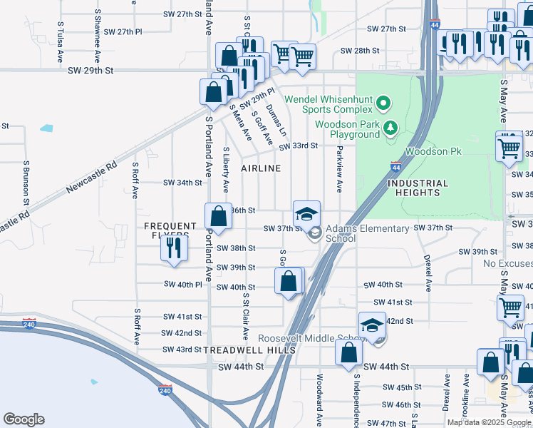 map of restaurants, bars, coffee shops, grocery stores, and more near 3501 Southwest 36th Street in Oklahoma City