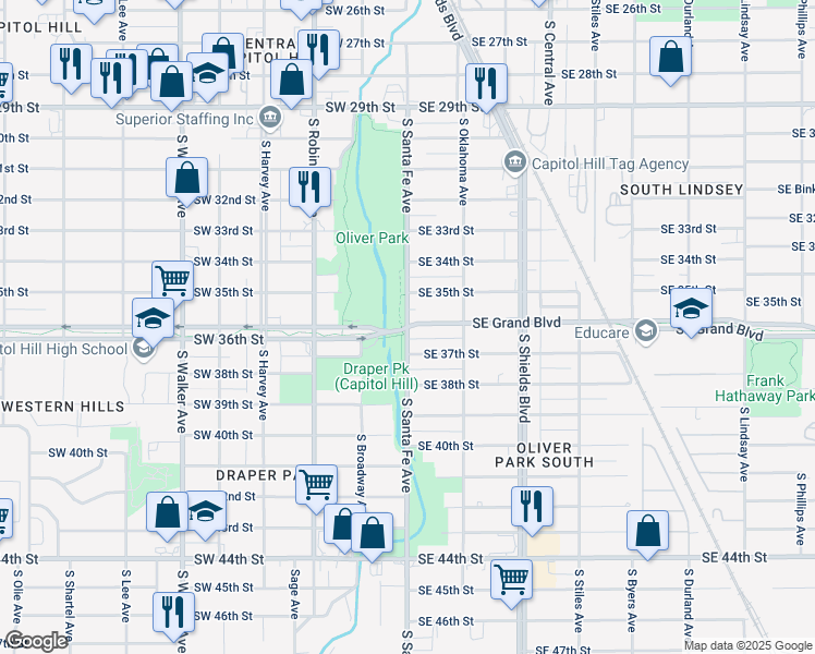 map of restaurants, bars, coffee shops, grocery stores, and more near Southwest 36th Street & Southeast Grand Boulevard in Oklahoma City
