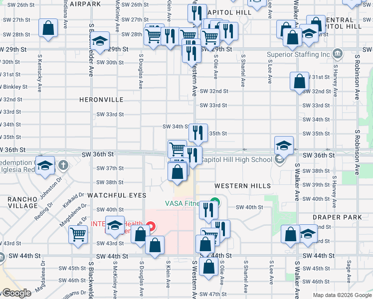 map of restaurants, bars, coffee shops, grocery stores, and more near 924 Southwest 35th Street in Oklahoma City