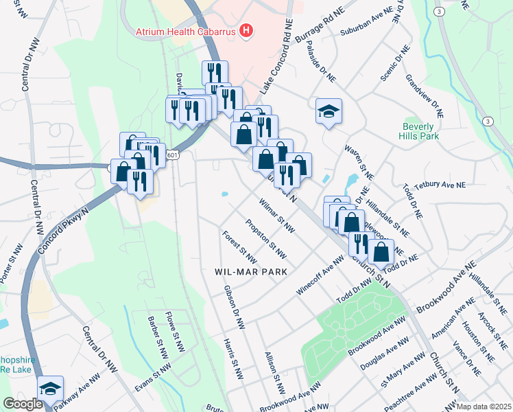 map of restaurants, bars, coffee shops, grocery stores, and more near 727 Wilmar Street Northwest in Concord
