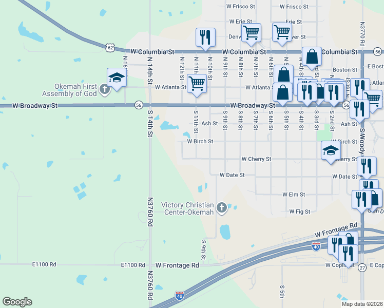 map of restaurants, bars, coffee shops, grocery stores, and more near 307 South 11th Street in Okemah