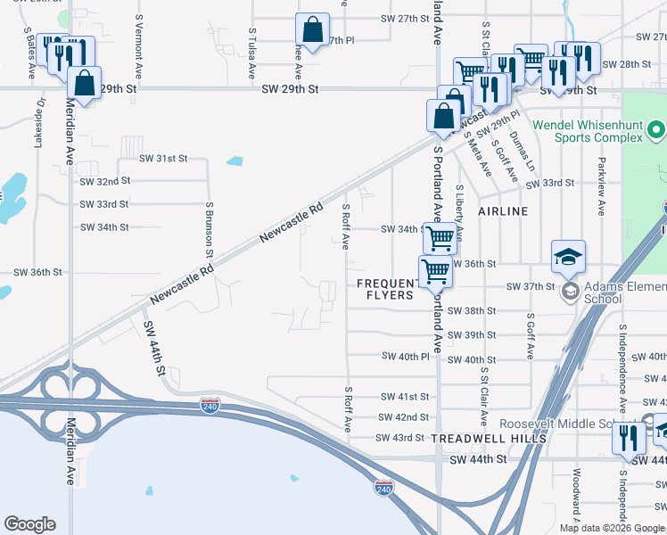 map of restaurants, bars, coffee shops, grocery stores, and more near 3605 South Roff Avenue in Oklahoma City
