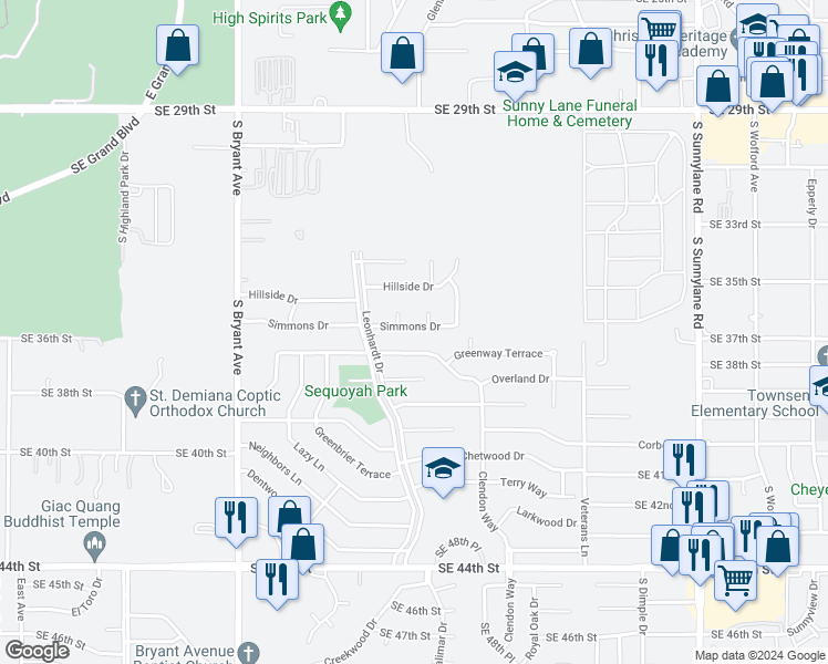 map of restaurants, bars, coffee shops, grocery stores, and more near 3408 Simmons Drive in Del City