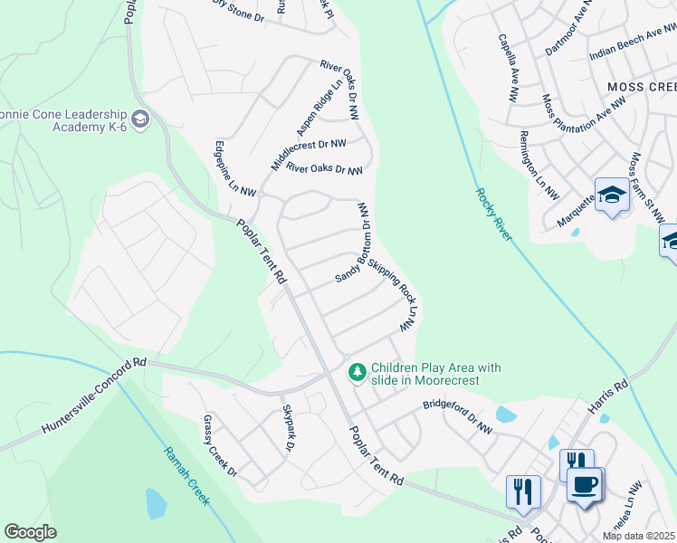 map of restaurants, bars, coffee shops, grocery stores, and more near 1386 Sandy Bottom Drive Northwest in Concord