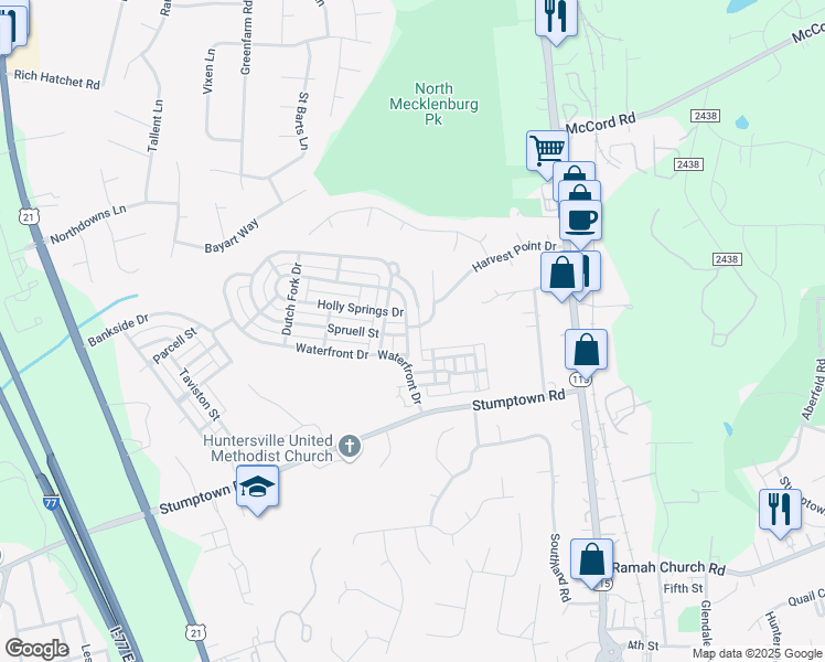 map of restaurants, bars, coffee shops, grocery stores, and more near 14038 Holly Springs Drive in Huntersville