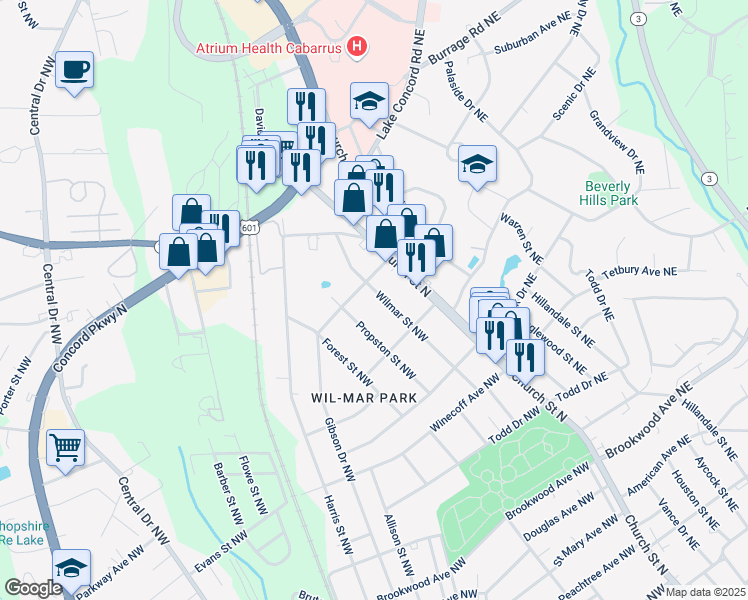 map of restaurants, bars, coffee shops, grocery stores, and more near 727 Wilmar Street Northwest in Concord