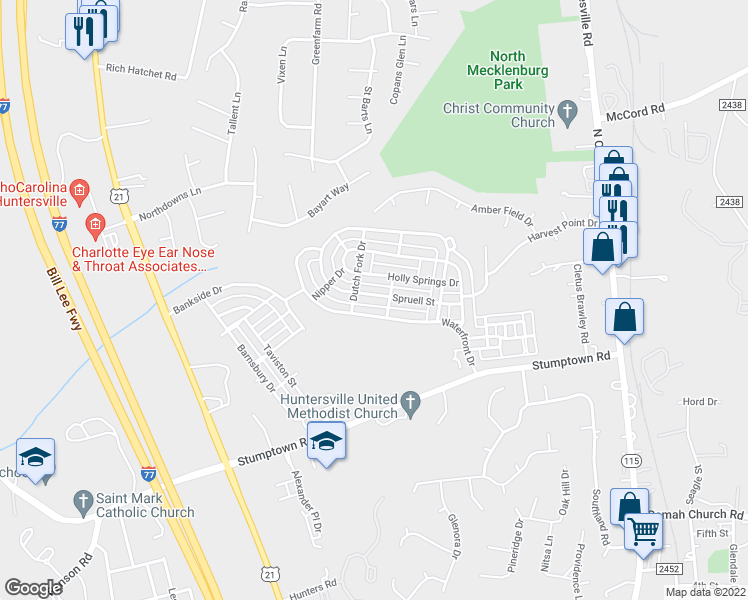 map of restaurants, bars, coffee shops, grocery stores, and more near 16626 Spruell Street in Huntersville