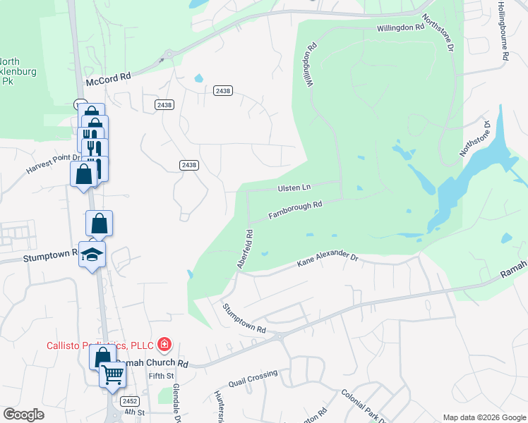 map of restaurants, bars, coffee shops, grocery stores, and more near 11903 Farnborough Road in Huntersville