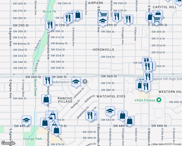 map of restaurants, bars, coffee shops, grocery stores, and more near 1329 Southwest Grand Boulevard in Oklahoma City
