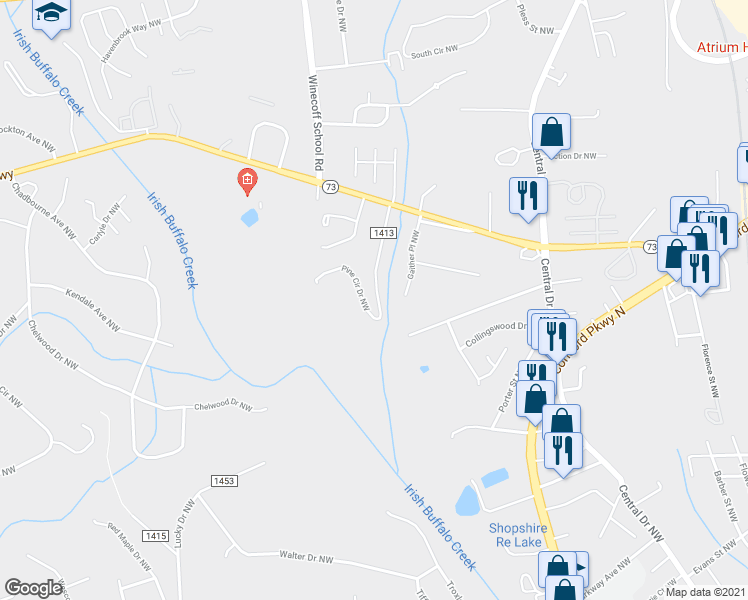 map of restaurants, bars, coffee shops, grocery stores, and more near 1021 Pine Circle Drive Northwest in Concord