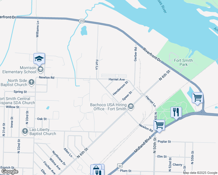 map of restaurants, bars, coffee shops, grocery stores, and more near 5016 Meyers Street in Fort Smith