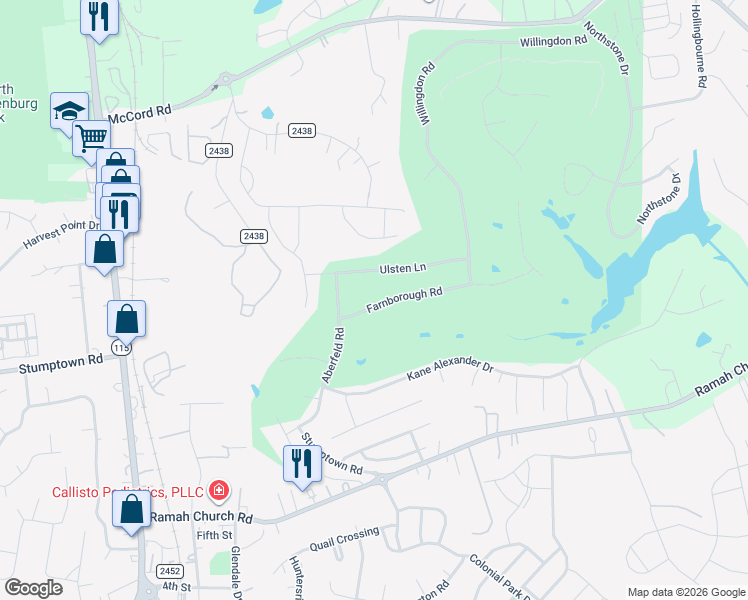 map of restaurants, bars, coffee shops, grocery stores, and more near 11903 Farnborough Road in Huntersville