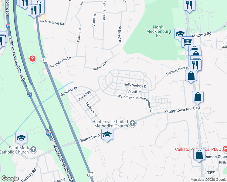 map of restaurants, bars, coffee shops, grocery stores, and more near 16526 Spruell Street in Huntersville