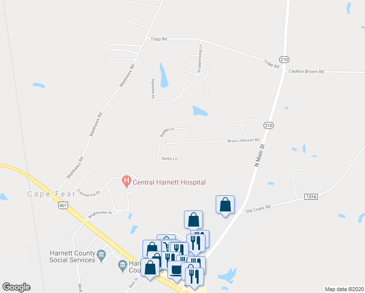 map of restaurants, bars, coffee shops, grocery stores, and more near 401 Bruce Johnson Road in Lillington