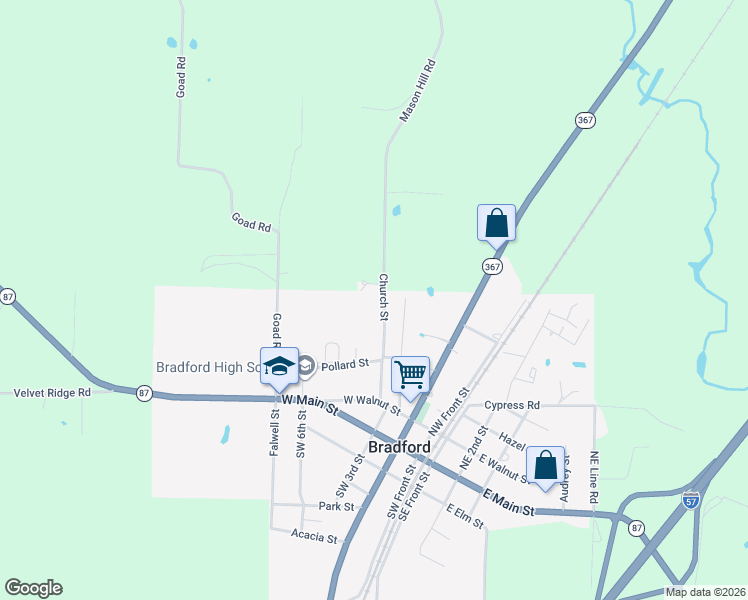 map of restaurants, bars, coffee shops, grocery stores, and more near 437 Church Street in Bradford