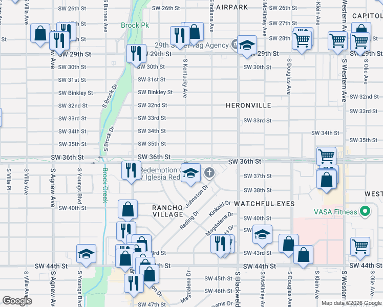 map of restaurants, bars, coffee shops, grocery stores, and more near 3635 South Kentucky Avenue in Oklahoma City