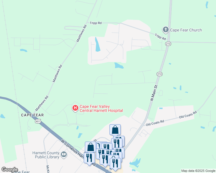 map of restaurants, bars, coffee shops, grocery stores, and more near 401 Bruce Johnson Road in Lillington